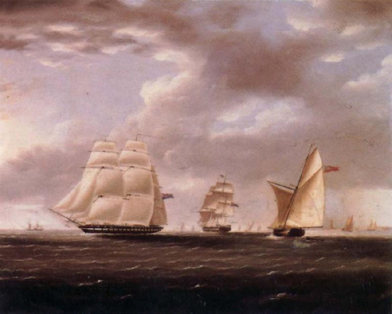  Two British frigates and a yawl passing off a coast